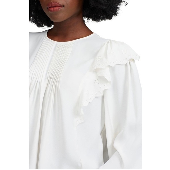 JOIE 70s Eyelet Embroidered Ruffle Pintuck Long Poet Sleeve Peasant Blouse L - Picture 9 of 14